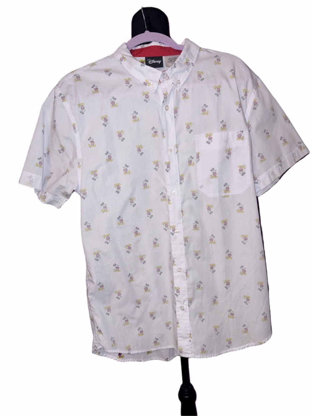 🆕💜 Disney Mickey Mouse All Over Print Button Up Shirt White Men’s L Casual